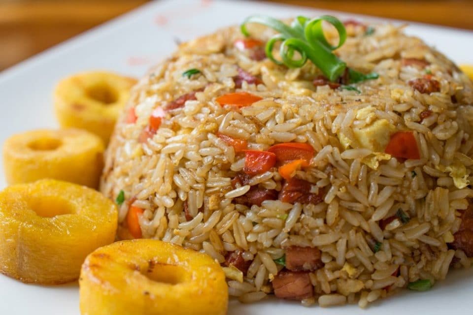 Arroz Chaufa with a side of boiled plantain