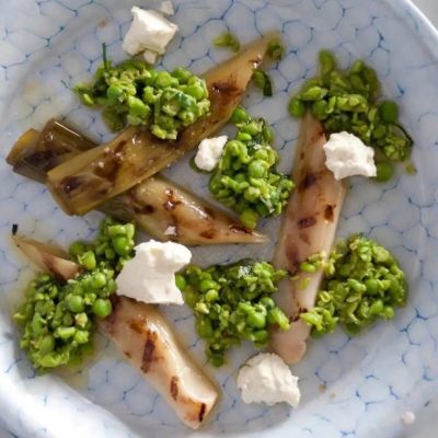 Slow Cooked Leeks Salad with Crushed Peas, Feta & Mint